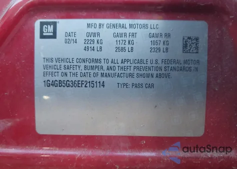 2014 Buick Lacrosse Leather Group из США, поврежденный, VIN 1G4GB5G36EF215114